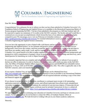 نمونه پذیرش اخذ شده از دانشگاه کلمبیا رشته مهندسی مواد