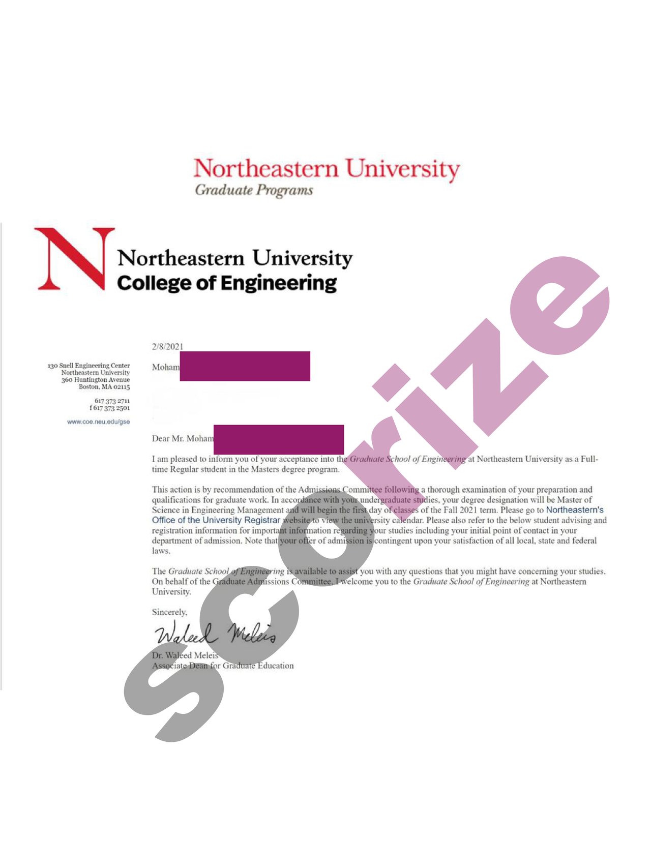 نمونه پذیرش اخذ شده از دانشگاه Northeastern رشته Engineering Management