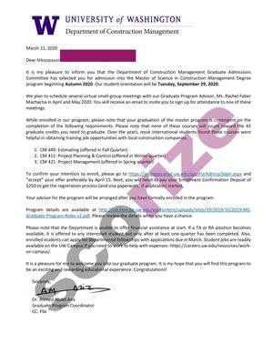 نمونه پذیرش اخذ شده از دانشگاه واشنگتن رشته عمران - سازه