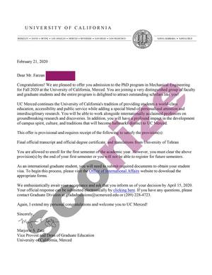 نمونه پذیرش اخذ شده از University of California Merced رشته مهندسی مکانیک