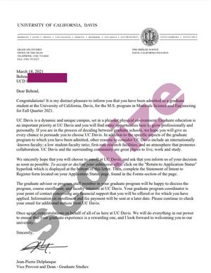 نمونه پذیرش اخذ شده از دانشگاه کالیفرنیا دیویس رشته مهندسی مواد