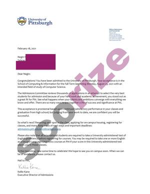 نمونه پذیرش اخذ شده از دانشگاه پیتزبرگ رشته علوم کامپیوتر