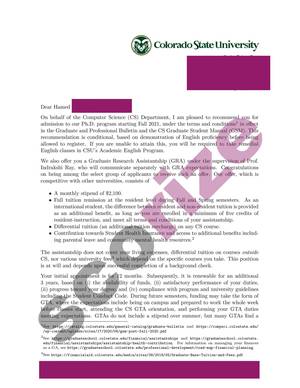 نمونه پذیرش فول فاند اخذ شده از Colorado State University رشته مهندسی کامپیوتر