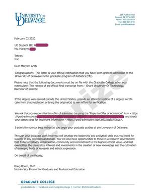 نمونه پذیرش اخذ شده از University of Delaware رشته رباتیک