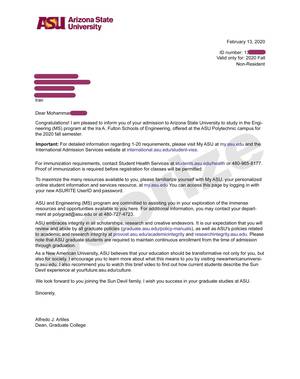 نمونه پذیرش اخذ شده از دانشگاه  ایالتی آریزونا (ASU) رشته مکانیک