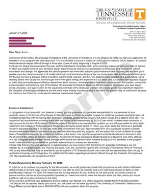 نمونه پذیرش اخذ شده از University of Tennessee رشته معماری