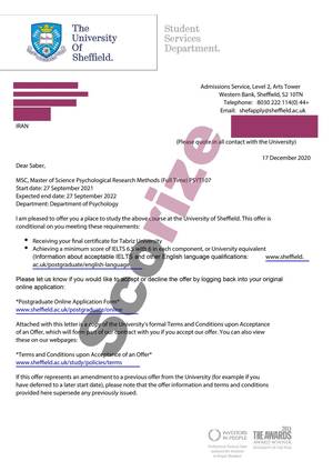 نمونه پذیرش اخذ شده از دانشگاه شفیلد رشته روانشناسی