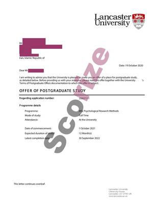 نمونه پذیرش اخذ شده از دانشگاه لنکستر رشته روانشناسی
