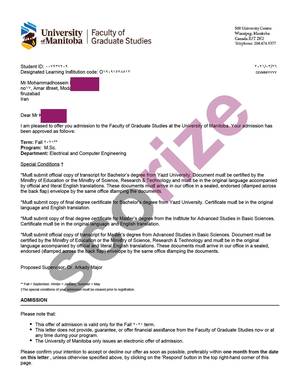 نمونه پذیرش اخذ شده از دانشگاه منیتوبا (U of M) رشته برق