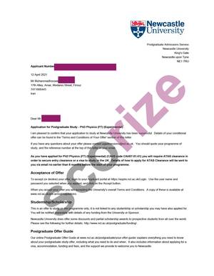 نمونه پذیرش اخذ شده از دانشگاه نیوکاسل رشته فیزیک