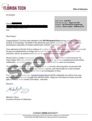 نمونه پذیرش اخذ شده از دانشگاه فلوریدا تک