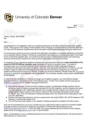 نمونه پذیرش اخذ شده از دانشگاه دنور
