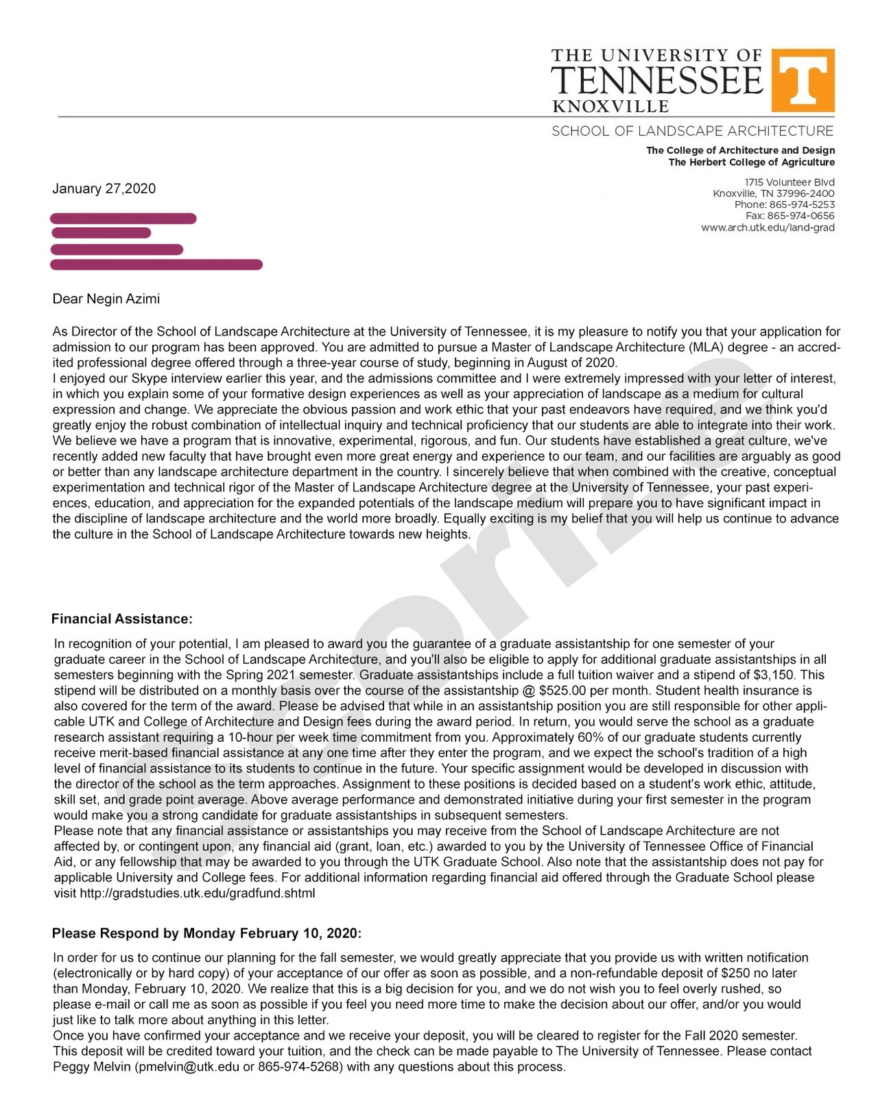 نمونه پذیرش اخذ شده از University of Tennessee رشته معماری